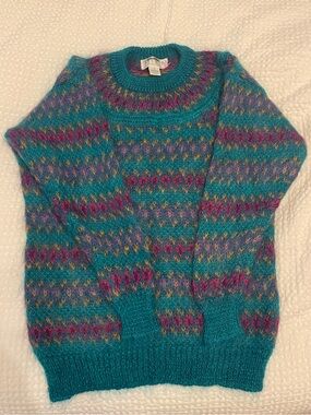 Michelle Stuart Teal Fair Isle Crewneck Sweater with Pink and Purple Accents